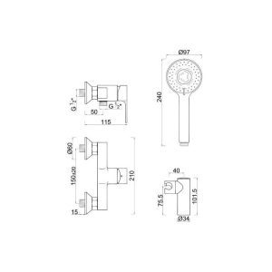 MITIGEUR DOUCHE JOY AVEC ACCESSOIRES 004-2  (DOUCHETTE ROND+FLEXIBLE 1.5)