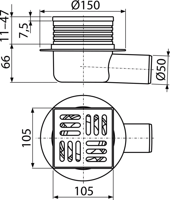 SIPHON EN PP AVEC GRILLE EN INOX 105*105MM TERASSE APV26 – Image 2