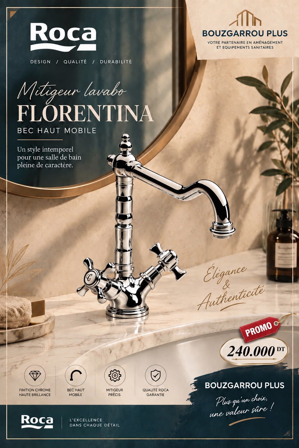 MITIGEUR LAVABO FLORENTINA BEC HAUT MOBILE – Image 4