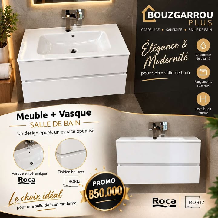 SET MEUBLE RORIZ 80CM TIROIRS AVEC LAVABO VICTORIA EG BLANC